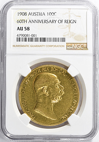 Austria 1908 Gold 100 Corona 60th Anniversary of Reign KM-2812 NGC