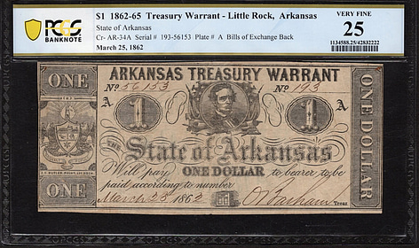 Mar. 25, 1862 Little Rock, Arkansas $1 Arkansas Treasury Warrant