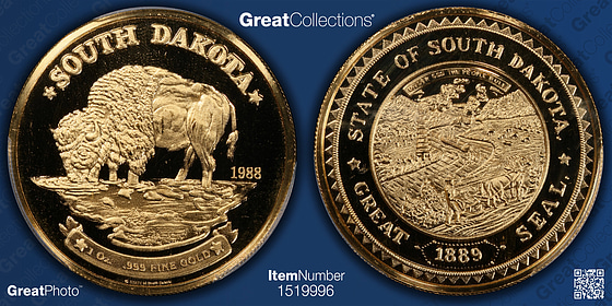 1989 Gold 1oz South Dakota Bison Private Medal PCGS Proof-69 DCAM