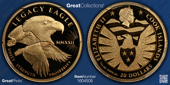 Cook Islands 2022 Gold $20 Legacy Eagle First Day of Issue PCGS