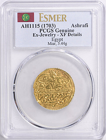 Egypt AH 1115 (1703) Gold Ashrafi PCGS Genuine XF Details (3.44gms