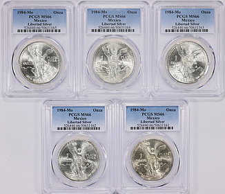 Mexico 1984-Mo Silver Onza Libertad KM-494.1 PCGS MS-66 (5 Coins