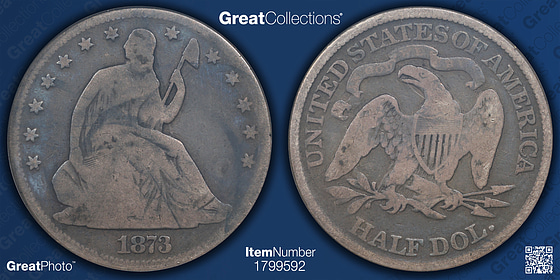 1873 Seated Liberty Half Dollar No Arrows, Open 3 ANACS G-04 OH