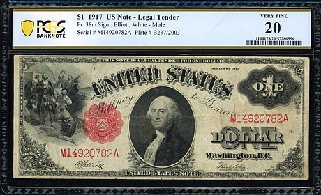 Fr. 38m 1917 $1 Legal Tender Mule Note Elliott / White PCGS Banknote ...