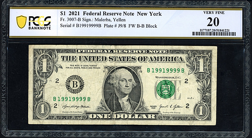 Fr. 3007-B (BB Block) 2021 $1 New York Federal Reserve Note *Six of a ...