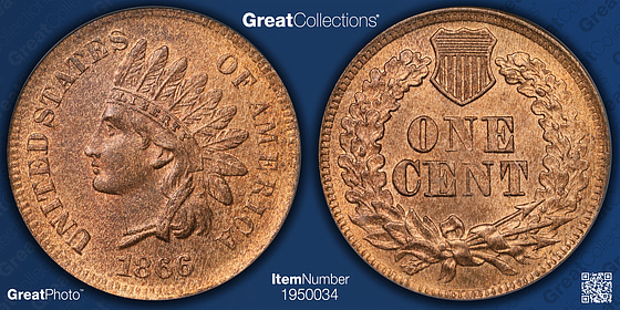 1866 Indian Cent PCGS MS-64 RB (Item 1950034) | GreatCollections
