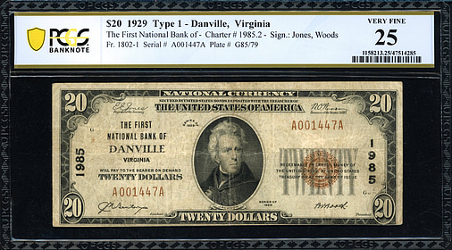 Fr. 1802-1 Danville, Virginia 1929 Type 1 $20 Note The First National ...