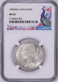 India 1840-(B&C) Silver Rupee Large Diamonds NGC MS-62 (Item