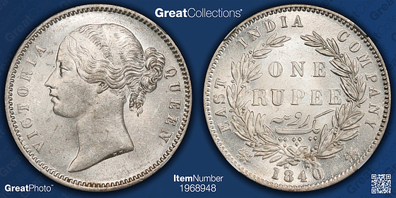 India 1840-(B&C) Silver Rupee Large Diamonds NGC MS-62 (Item