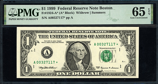 Fr. 1924-A* (A* Block) 1999 $1 Boston Federal Reserve Star Note Withrow ...