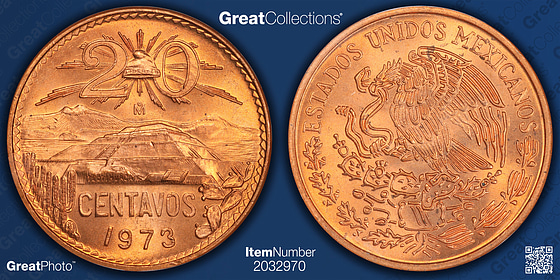 Mexico 1973-Mo 20 Centavos KM-441 ANACS MS-65 RD OH (Item 2032970