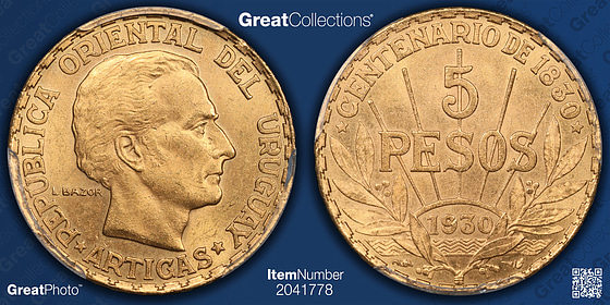 Uruguay 1930 Gold 5 Pesos KM-27 PCGS MS-63 (AGW = 0.2501 oz