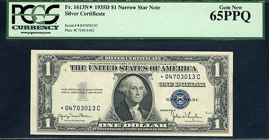 Fr. 1613N* Narrow (*C Block) 1935D $1 Silver Certificate Star Note ...