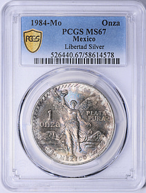 Mexico 1984-Mo Silver Onza Libertad KM-494.1 PCGS MS-67 (Toned