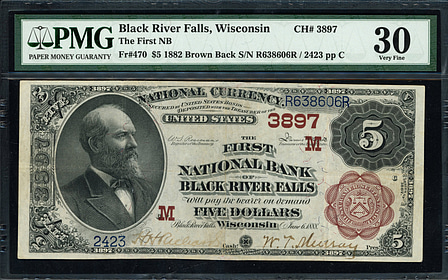 Fr. 470 Black River Falls, Wisconsin 1882 $5 Brown Back Note The First ...