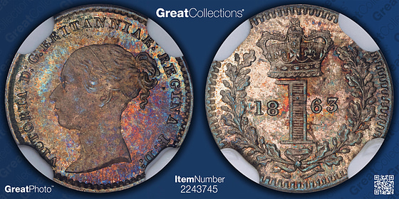 Great Britain 1863 Silver Maundy Penny KM-727 NGC MS-64 (Toned
