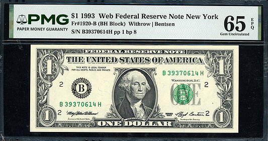Fr. 1920-B (BH Block) 1993 $1 New York Federal Reserve Experimental Web ...