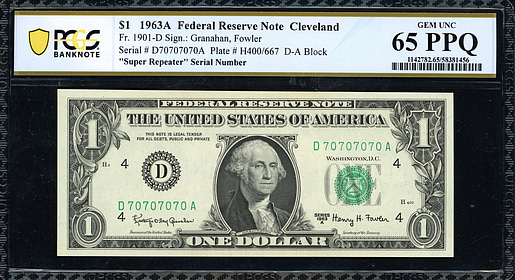 Fr. 1901-D (DA Block) 1963A $1 Cleveland Federal Reserve Note *0s & 7s ...