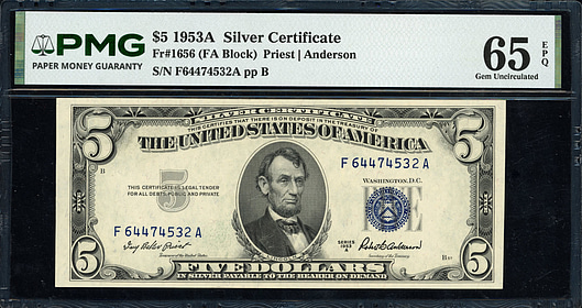 Fr. 1656 (FA Block) 1953A $5 Silver Certificate Note Priest / Anderson ...