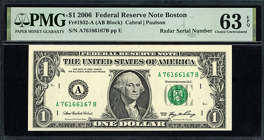 Fr. 1932-A (AB Block) 2006 $1 Boston Federal Reserve Note *Radar Serial ...