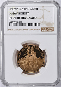 Pitcairn Islands 1989 Gold $250 HMAV Bounty NGC Proof-70 UC (AGW