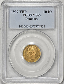 Denmark 1909-VBP GJ Gold 10 Kroner KM-809 PCGS MS-65 (AGW = 0.1296